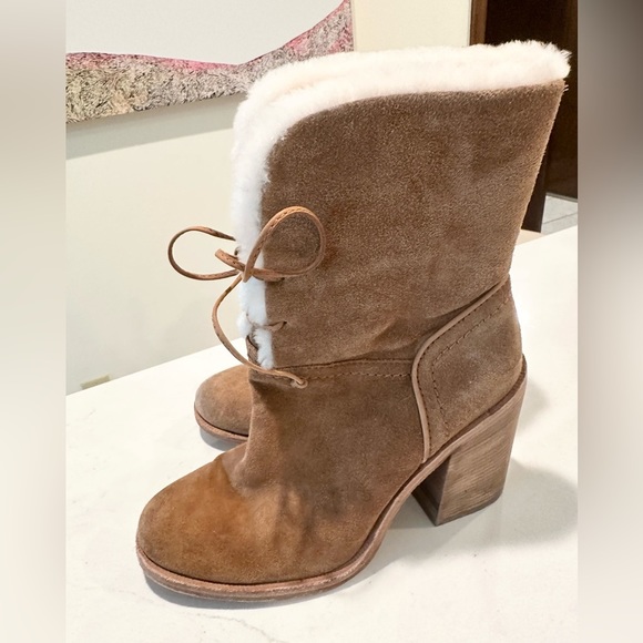 UGG Jerene Shearling Suede tan heeled tie up Boots 7 - Picture 2 of 10